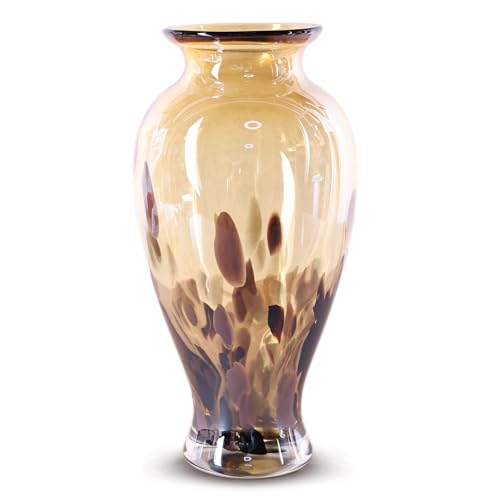 11.8" Tall Amber Gold Glass Vase Beautiful Hand Blown Glass Vase Modern Art Home Decor, Wide Mouth Colorful Vases for Mantle Dining Table Centerpiece, Entryway Living Room Wedding Decoration - color: Gold