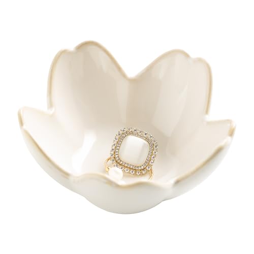 Flower Ring Holder Dish, Ceramic Jewelry Tray, Small Trinket Dish | Jewelry plate bowl works as a cute ring holder dish, adding aesthetic room decor and Christmas birthday gifts for women. - color: white