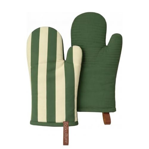 Folkulture Oven Gloves, Oven Mitts with Hanging Loop - Set of 2 (12"x5.5") | Cute, Striped, 100% Cotton, Silicone, Heat Resistant, Green Striped , Cooking Gifts for Women, Baking, Kitchen Décor, Matcha - color: Matcha