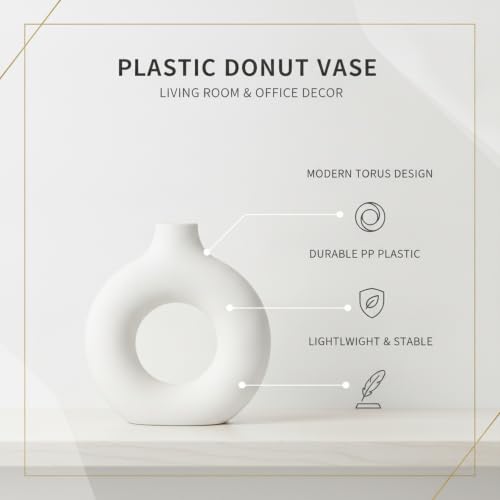Modern Torus Ring Vase, Geometric Donut Shape Flower Holder for Home and Office Decor, White Plastic Sculptural Accent