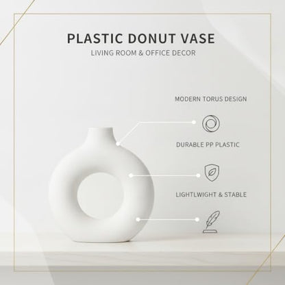 Modern Torus Ring Vase, Geometric Donut Shape Flower Holder for Home and Office Decor, White Plastic Sculptural Accent