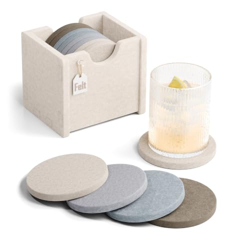 Fluxynara Felt Coasters with Holder, Set of 8 for Drinks, River Pebble | Round Felt Coasters, Absorbent, Heat-Resistant & Reusable for Drinks, Ideal for Coffee Tables and Living Rooms, 3.94 Inch - color: River Pebble, size: Round - 8 Count