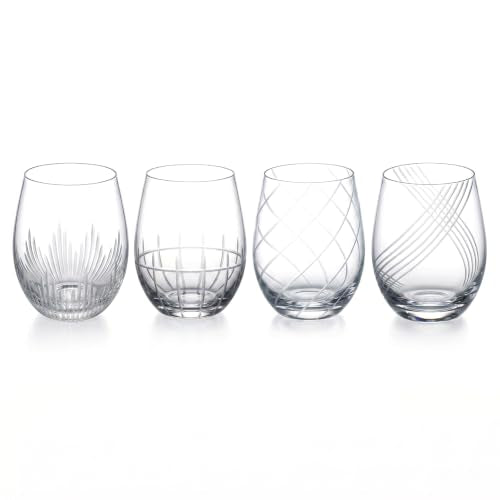 MyGift Set of 4 Modern Stemless Wine Glasses with Etched Geometric Pattern – Decorative Glass Drinkware for Wine, Cocktails, and Entertaining