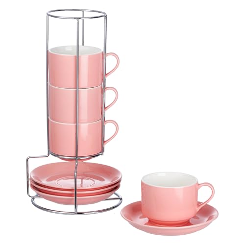 8oz Porcelain Cappuccino Cups with Saucers and Metal Stand, Stackable Coffee Cups for Specialty Coffee Drinks, Cappuccino, Latte, Espresso, Americano and Tea - Cups Set of 4, Pink - color: Pink, size: 8oz