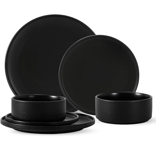 Dinnerware Sets, 6-Piece Plates and Bowls Set for 2, Matte Black | Modern Minimalist Stoneware, Dinner Plate, Salad Plate, Cereal Bowl, Dish Set for 2 - color: Black, size: Service for 2 (6PCS)