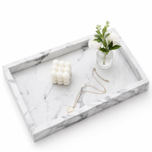 Real Natural Marble & Travertine Vanity Tray, Genuine Marble Serving Tray - color: White Marble