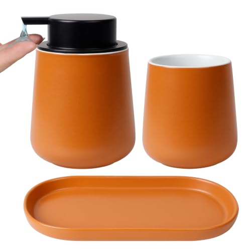 BosilunLife Ceramic Bathroom Accessories Set 3 Pcs | Liquid Soap Dispenser and Toothbrush Holder with Tray, Modern Farmhouse Vanity Decor, Orange Housewarming Gift - color: Orange, style: liquid