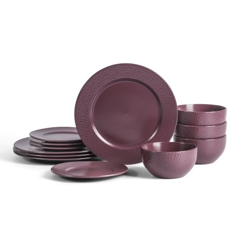 Stone Lain Topaz 12-Piece Stoneware Dinnerware Set, Dinner Plates, Salad Plates & Bowls, Service for 4, Dishwasher & Microwave Safe, Cherry - color: Cherry, size: 12-Piece, Service for 4