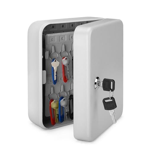 Flexzion Key Box Wall Mount With Code - 40 Capacity Key Box Organizer, Lock Box Key Holder, Secure & Durable Key Storage Box Cabinet with Colored Tags & Hooks for Homes & Business, Gray - color: Grey, size: 40 Capacity