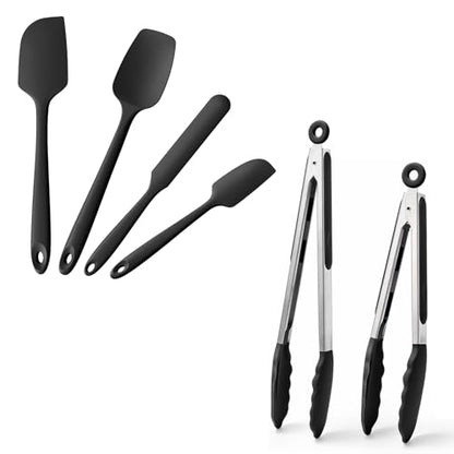 Doosu 9+12in Kitchen Tongs for Cooking - 600°F Heat Resistant Food Tongs with Non-Scratch Silicone Tips & 4-Piece Silicone Spatula Set Kitchen BPA Free Food Grade Baking Supplies Cooking Tools (Black)