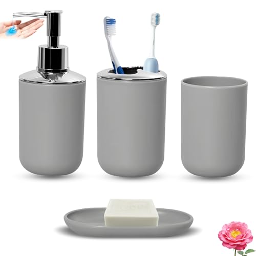 Matte Gray Bathroom Accessories Set, 4 Piece Plastic Bathroom Toothbrush Holder Set, Include Soap Dispenser, Toothbrush Holder, Rinse Cup, Soap Dish, Boho Grey Bathroom Decor for Home, Bathroom Set - color: Grey, size: 4 Piece