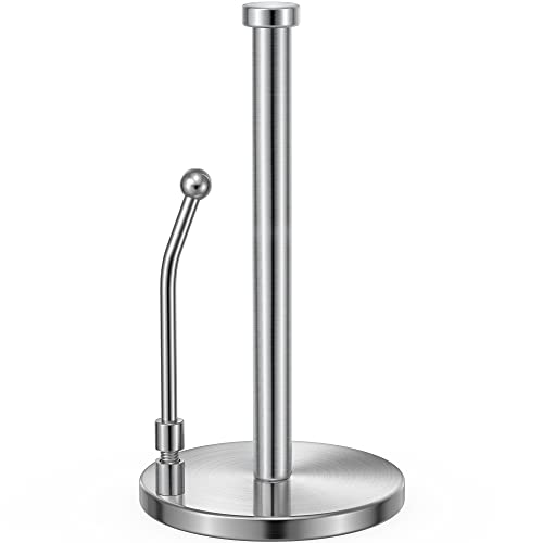 SMARTAKE Paper Towel Holder Countertop, Non-Slip Weighted Base, Silver | Freestanding Kitchen Roll Dispenser, Rustproof Stainless Steel, Spring Arm for Easy Tear, Widden Top, with 4 Suction Cups - color: 01-silver