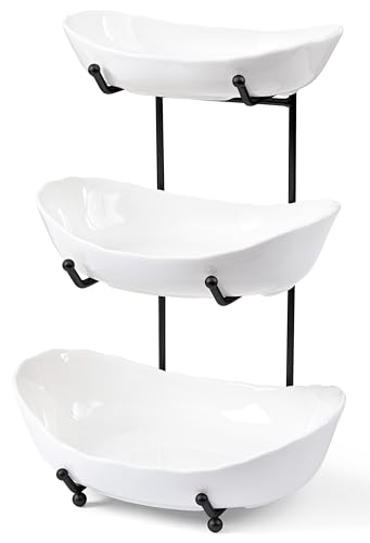 HBlife Fruit Bowl for Kitchen Counter - 3 Tier Ceramic Fruit Rack, Fruit Basket for Fresh Fruit&Veggies, Tiered Fruit Platter Serving Trays for Party - color: White Bowl Black Rack, size: Standard