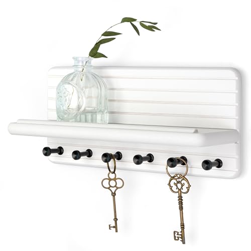 Rebee Vision Pine Key Holder Wall Mount with 6 Hooks for Room Decor, White | Pine Wood, 6 Key Hooks, Key Holder for Wall, Floating Shelf, Mail Organizer, Apartment Essential for Home Improvement - color: White, size: Medium-11inch