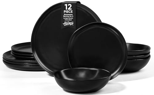 Herogo 12Pcs Plates and Bowls Set for 4, Irregular Handmade Stoneware Dinnerware, Crack and Scratch Resistant, Microwave & Dishwasher Safe, Reactive Glaze, Artistic Rustic Tableware, Matte Black - color: Matte Black, size: 4 Set (12pcs)