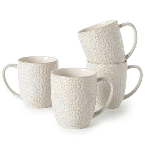Coffee Mug Set of 4, 16 oz Ceramic Coffee Mugs, Large Embossment Cups, Vintage White Mugs Set for Latte, Cocoa, Hot Tea, Mocha, Housewarming Wedding Gifts, Dishwasher Safe, 3.5 x 4.5 inch - color: B1