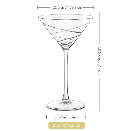 Joeyan Handmade Etched Martini Glasses,Crystal Cocktail Glassware with Dots Strips Pattern,Drinking Glasses for Espresso Martini Cosmopolitan Manhattan Gimlet,Set of 4,8.5 oz - color: Etched Dots Swirls Strips Patterned Martini Glasses