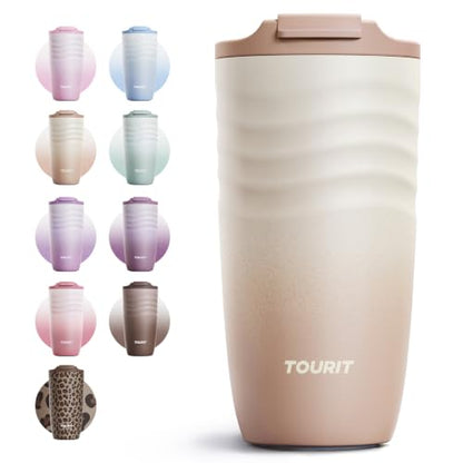 TOURIT 16 oz Insulated Travel Coffee Mug Stainless Steel Tumbler, Khaki | Vacuum insulated travel mug with ripple-wave anti-slip grip, leakproof lid & silicone bottom, fits standard car cup holders - color: Light khaki, size: 16 Ounces