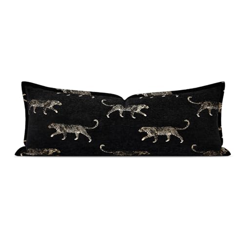 Decorative Lumbar Pillow Cover 14x36, Double Sided Cheetah Pattern Jacquard Embroidered Long Pillow Cover, Anthropology Pillowcase for Bed Couch Sofa Bedroom Living Room - color: Black Leopard 1, size: 36" x 14" (Pack of 1)