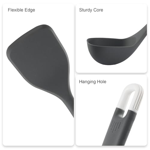 Silicone Kitchen Cooking Utensils Set: MOACC Heat Resistant 13inch Long Kitchen Gadgets, BPA Free Non Stick Rubber Cook Accessories For Food Prep, Frying, Serving, Basting (Dark Grey) - color: Dark Gray