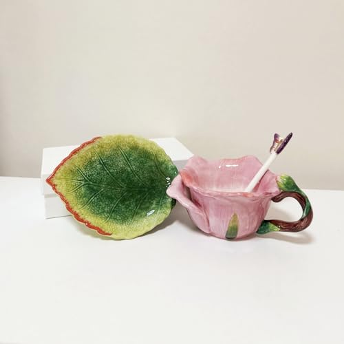 Ceramic Tea Cup and Saucer Set ，6OZ 3D Hand-Painted Flower and Lotus Leaf Coffee Mug，Gift for Women- Dark Pink Rose - color: Dark Pink Rose