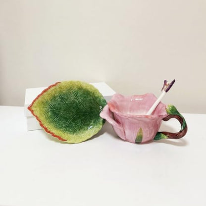 Ceramic Tea Cup and Saucer Set ，6OZ 3D Hand-Painted Flower and Lotus Leaf Coffee Mug，Gift for Women- Dark Pink Rose - color: Dark Pink Rose