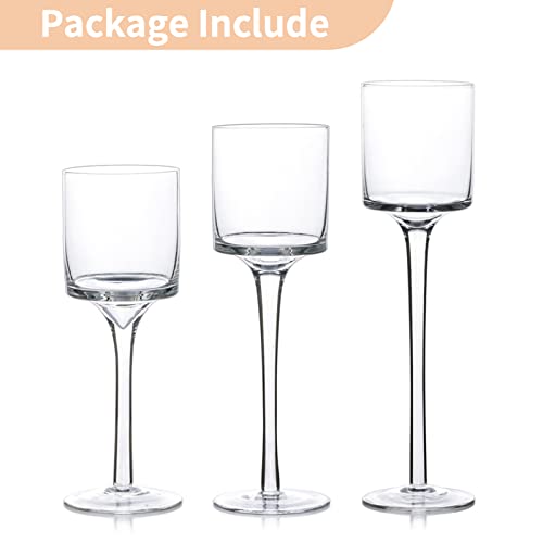 NUPTIO Glass Candle Holders, Set of 3 Stemmed Holders for Floating Candles | Clear Glass Cups, Elegant Long Stem Design, Dinner Table Centerpiece, Wedding Decor, Home Decoration