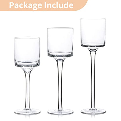 NUPTIO Glass Candle Holders, Set of 3 Stemmed Holders for Floating Candles | Clear Glass Cups, Elegant Long Stem Design, Dinner Table Centerpiece, Wedding Decor, Home Decoration