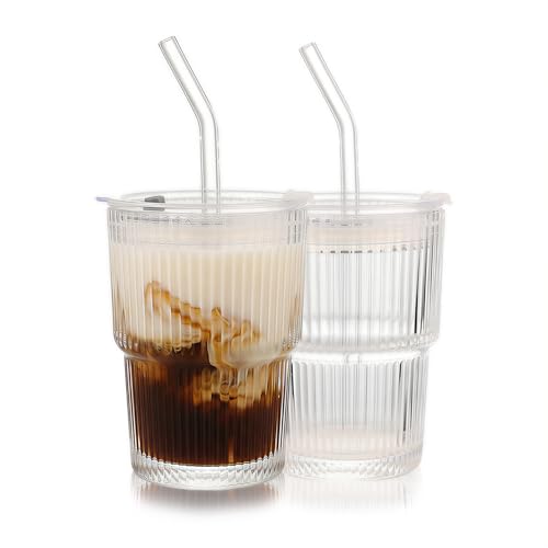 Ribbed Glass Tumbler with Lids and Straws, Vintage Clear Glass cups, Large capacity, Unbreakable, Fluted Design, Ideal for Travel, Iced Coffee,Smoothie, Tea, Latte, Gift (2pc 14oz) - size: 2pc 14oz