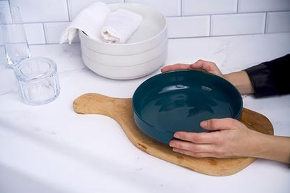 KooK Pasta Bowl, Bowl Plate, Low Bowl, Plate Bowls, Ceramic Large Shallow Bowls, Microwave and Dishwasher Safe, Great for Soups and Salads, Glossy Porcelain, 47 oz, Set of 4, Teal - color: Teal