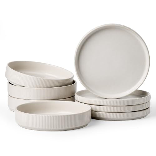 Stoneware Dinnerware Set for 4, 8-Piece Wide Pasta Bowls and Salad Plates | Matte White, Famiware Premium Ceramic Dishes, Chip & Scratch Resistant, Microwave & Dishwasher Safe, Everyday & Serving Use - color: Matte White, size: Service for 4 (8pc) - Small