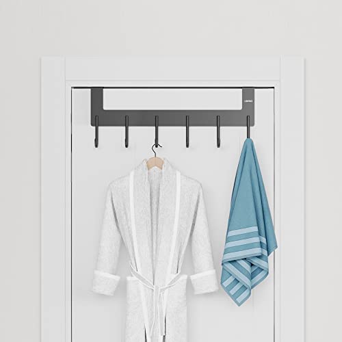 Over Door Hanger, Metal Over the Door Hook Rack with 6 Hook for Hanging Towel Robe Coat Bathroom Bedroom, Towel Rails, Grey - color: Gray