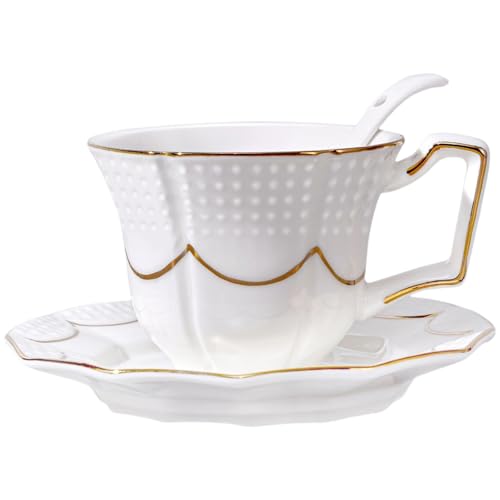 Tea Cup and Saucer Set for 1, Ceramic, White, 6.8 Oz | Coffee Cup with Saucer and Spoon, Elegant Design, 3D relief patterns, Gold Trim, Protective Packaging, Ideal for Gift - color: Modern