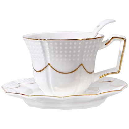 Tea Cup and Saucer Set for 1, Ceramic, White, 6.8 Oz | Coffee Cup with Saucer and Spoon, Elegant Design, 3D relief patterns, Gold Trim, Protective Packaging, Ideal for Gift - color: Modern