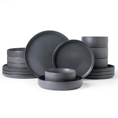 Famiware Star Stoneware Dinnerware Sets with Pasta Bowls, 16pc Dishes for 4 | Ceramic Plates and Double Bowls. Chip & Scratch Resistant. Microwave & Dishwasher Safe, Everyday Dining, Matte Dark Charcoal - color: Matte Dark Charcoal, size: Service for 4 -