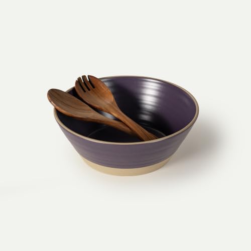Mora Giant Salad Bowl Set with Wood Salad Servers, 4 qt Large Ceramic Serving Bowl for Salad, Pasta & Fruit, Microwave, Oven and Dishwasher Safe - Nebula - color: Nebula