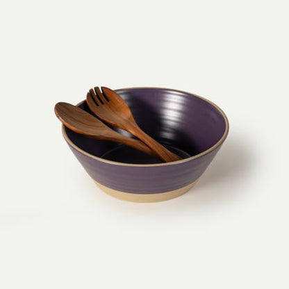 Mora Giant Salad Bowl Set with Wood Salad Servers, 4 qt Large Ceramic Serving Bowl for Salad, Pasta & Fruit, Microwave, Oven and Dishwasher Safe - Nebula - color: Nebula