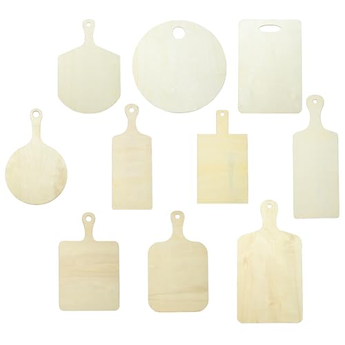 10 pcs 10 Styles Wooden Mini Cutting Board with Handle Unfinished Rectangle Round Wooden Craft Paddle Boards for DIY Home Kitchen Fruit Decor