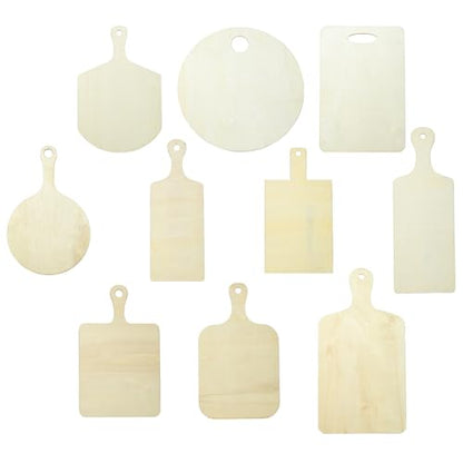 10 pcs 10 Styles Wooden Mini Cutting Board with Handle Unfinished Rectangle Round Wooden Craft Paddle Boards for DIY Home Kitchen Fruit Decor