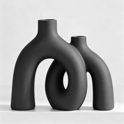 Hug Donut Decorative Vase Set - Dark Gray Modern Minimalism Industrial Style Vases Home Decor, Matte Ceramic Decorations for Living Room Shelf, Bookshelf Mantle Entryway Table or Console Décor(Gray) - color: Gray