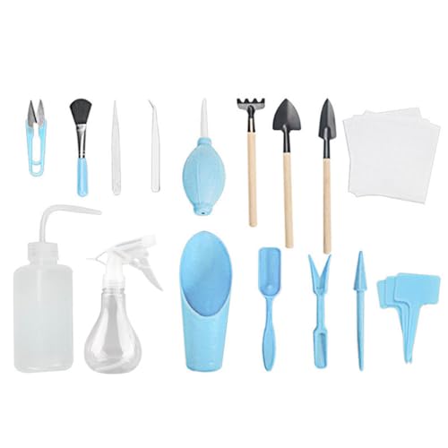 Aramox 16PCS Mini Gardening Tool Set Succulent Plants Kit with ABS Plastic Tools for Digging Loosening Transplanting Irrigation Trimming Indoor Small Plants Bonsai (Sky-Blue)