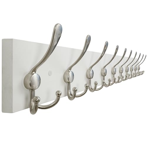 SKOLOO Creations White Solid Wood Wall Mounted Coat Rack, 10 Hooks, 38-1/8" Long - Kitchen, Mudroom, Entryway, Bathroom - Includes Mounting Hardware, Wall Coat Hanger, Towel Rack - color: Matte White Plates & Nickel Hook, size: 1 Item-10 Hooks