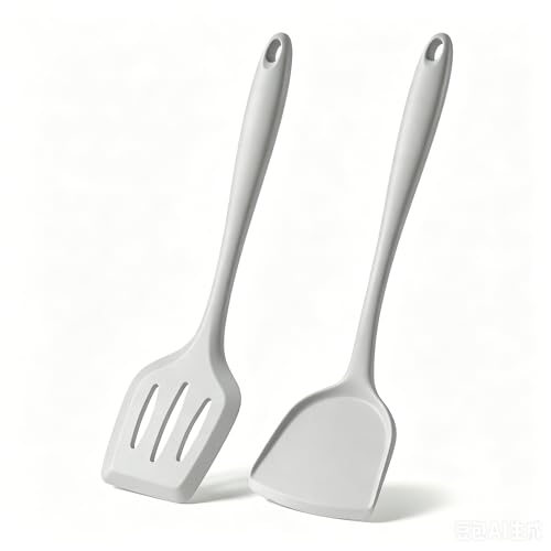 2-Pack Silicone Spatula Set, Heat Resistant Spatulas for Baking & Mixing, BPA-Free Solid & Slotted Turner for Non-Stick Pans, Kitchen Utensils for Scraping, Sauteing and Flipping (Light Gray) - color: Light Gray