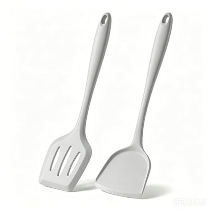 2-Pack Silicone Spatula Set, Heat Resistant Spatulas for Baking & Mixing, BPA-Free Solid & Slotted Turner for Non-Stick Pans, Kitchen Utensils for Scraping, Sauteing and Flipping (Light Gray) - color: Light Gray