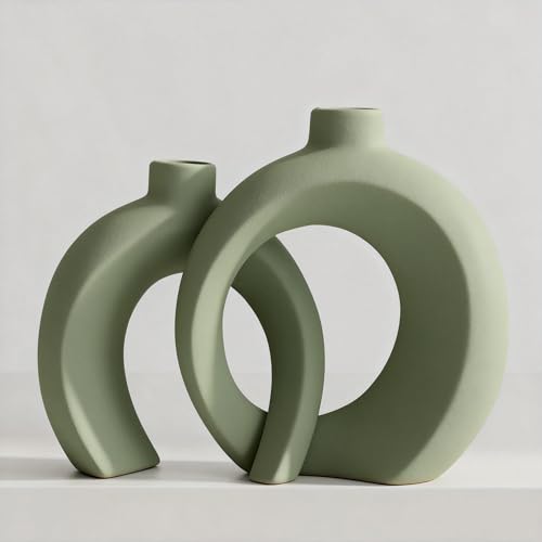 Set of 2 Sage Green Ceramic Vases for Home Decor Accents - Unique Hollow Donut Artistic Design Modern Boho Farmhouse Style Decorative Vases for Shelf, Mantel, Entryway Table Decor (Matte Green) - color: Matte Green
