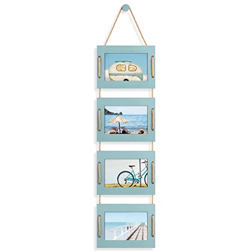 DLQuarts 4x6 Hanging Collage Picture Frames Wall Decor, 4-Opening 4x6 Photo without Mat Rustic Wood Frame with Hemp Rope, 1 Pack, Ocean Blue - color: Ocean Blue, size: 4x6-1 Pack