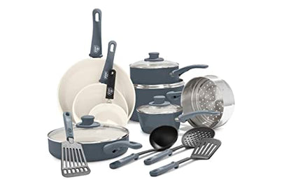 GreenLife 16 Piece Ceramic Nonstick Pots & Pans Cookware Set, Gray | PFAS-Free Nonstick Coating, Stockpot, Frying Pans, Saucepans, Sauté Pan, Stay-Cool Handles, Dishwasher & Oven Safe up to 350F - color: Gray, style: Soft Grip