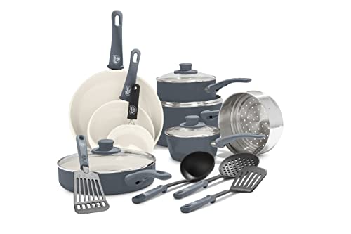 GreenLife 16 Piece Ceramic Nonstick Pots & Pans Cookware Set, Gray | PFAS-Free Nonstick Coating, Stockpot, Frying Pans, Saucepans, Sauté Pan, Stay-Cool Handles, Dishwasher & Oven Safe up to 350F - color: Gray, style: Soft Grip