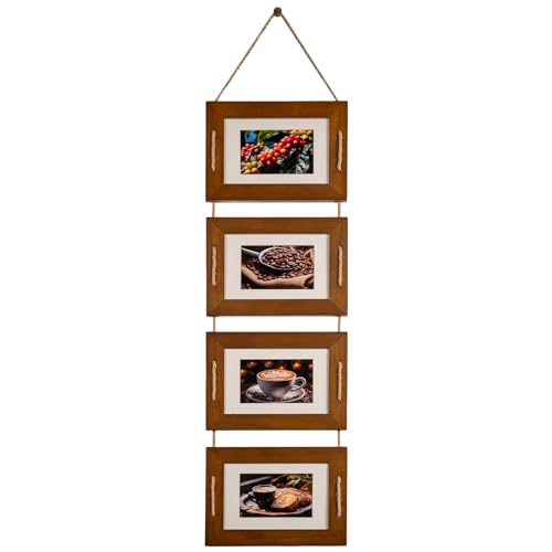 DLQuarts 5x7 Hanging Collage Picture Frames Wall Decor, 4-Opening 5x7 Matted to 3.5x5 Photo Rustic Wood Frame with Hemp Rope, 1 Pack, Dark Walnut - color: Dark Walnut, size: 5x7-1 Pack
