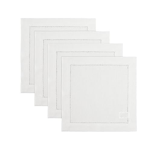 Solino Home 100% Pure Linen Placemats White Hemstitch, 14 x 14 in, Set of 4 | Classic Hemstitch Square Table Mats square settings for daily dining, hand hemstitched borders, OEKO-TEX Certified, easy care - color: 01: White, size: 14" x 14" (Set of 4)